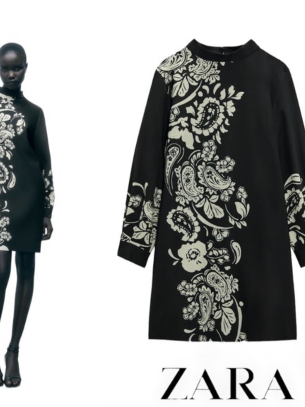 ZARA Black Dress with Cream Floral Paisley Print